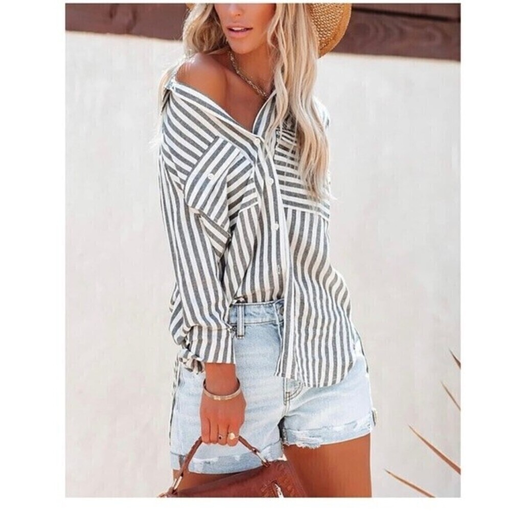 Women Black  Striped Button Down Shirts Casual Long Sleeve Stylish Tops S